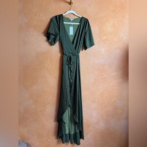 Baltic Born Vara Satin Wrap Dress Juniper Green Size L NWT